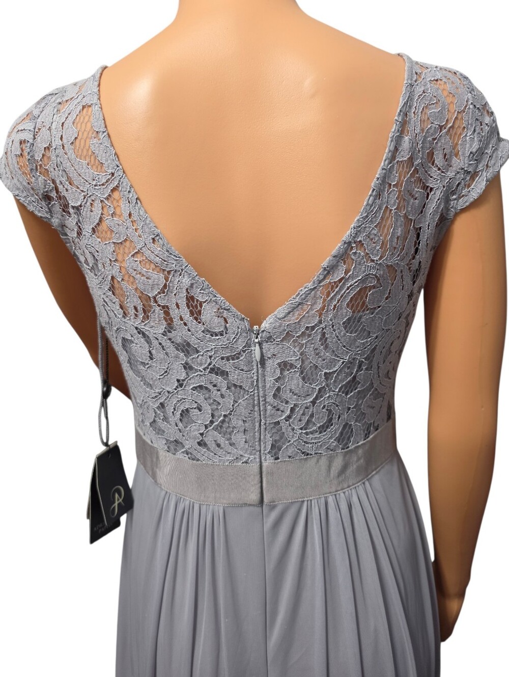 Adrianna Papell Silver Floral Lace Stretch Tule Femenine Gown Cottagecore Sz 2 - Picture 5 of 12